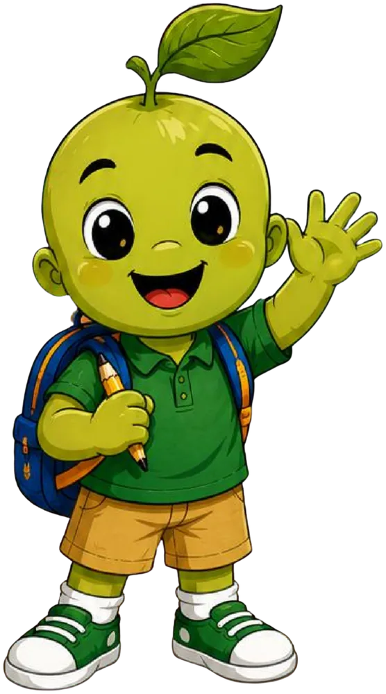 Prayer Buddy waving with a school backpack