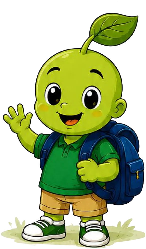 Prayer Buddy waving hello with a backpack