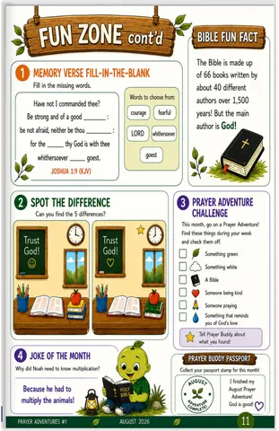 Fun Zone continued: memory verse, spot the difference and Bible fun facts